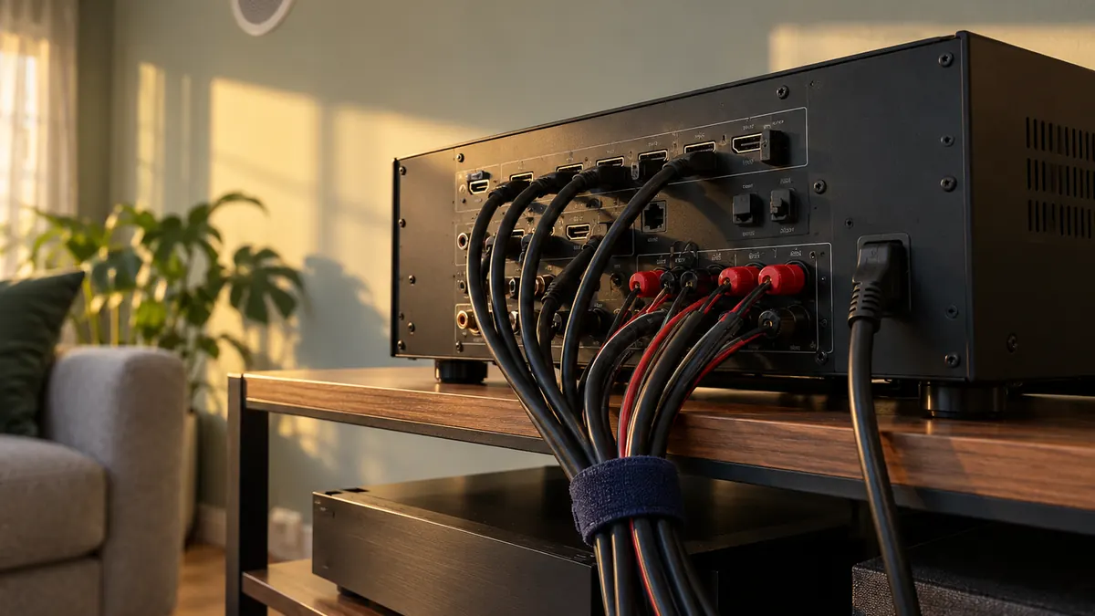 Face arrière d'un ampli home-cinéma noir, câbles HDMI et câbles d'enceintes regroupés par une sangle bleu nuit