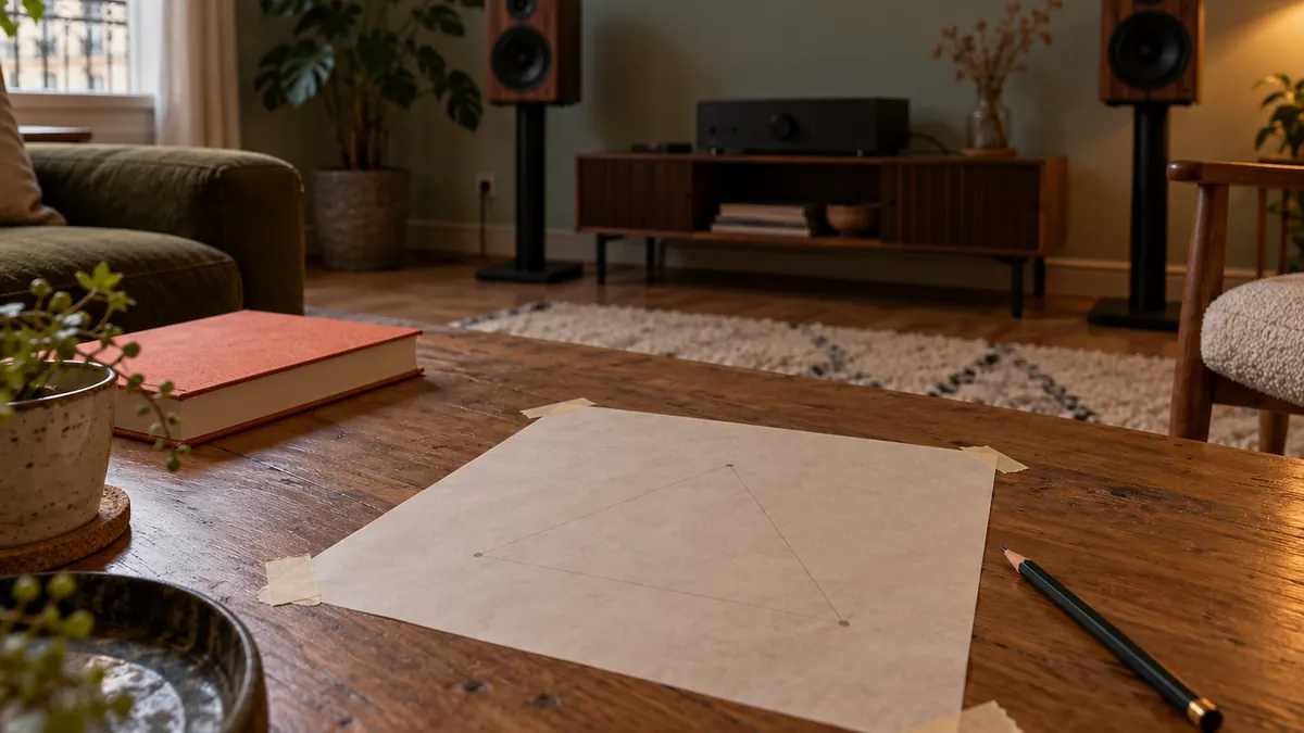 Feuille de calque scotchée sur une table basse avec un triangle d'écoute au crayon, ampli et enceintes compactes sur pieds au fond