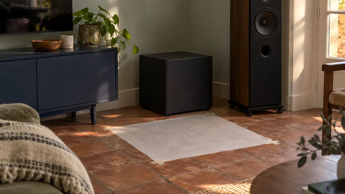 Caisson de basses cubique posé sur un sol en tomettes entre un meuble bas et une enceinte colonne, une feuille de calque au sol