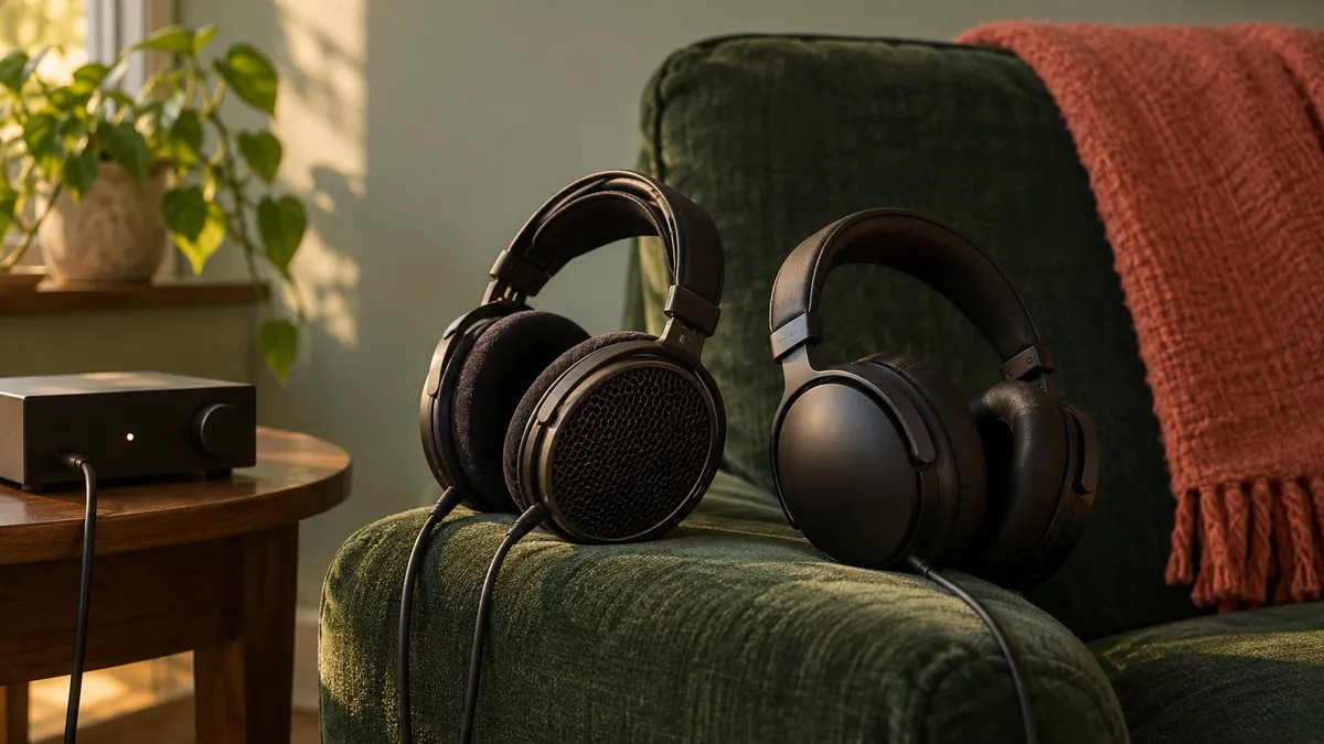 Un casque ouvert et un casque fermé posés sur l'accoudoir d'un fauteuil vert, un petit ampli casque sur le guéridon