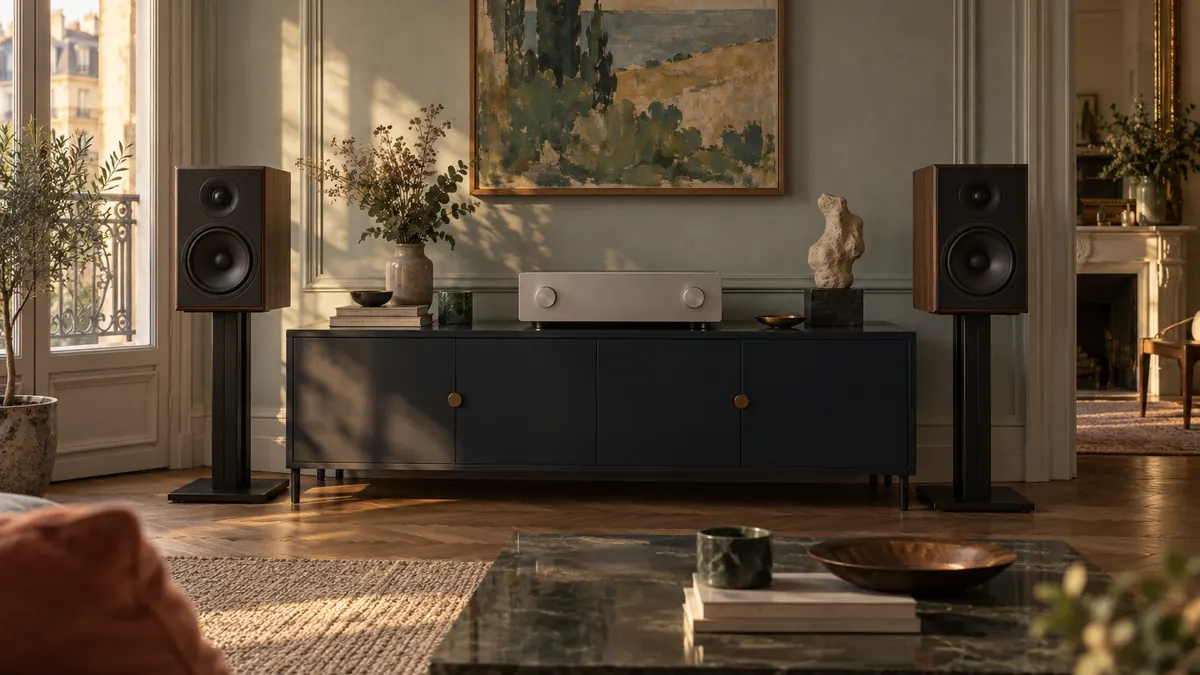 Ampli stéréo argenté sur un meuble bas bleu nuit, entre deux enceintes compactes sur pieds, dans un salon ancien