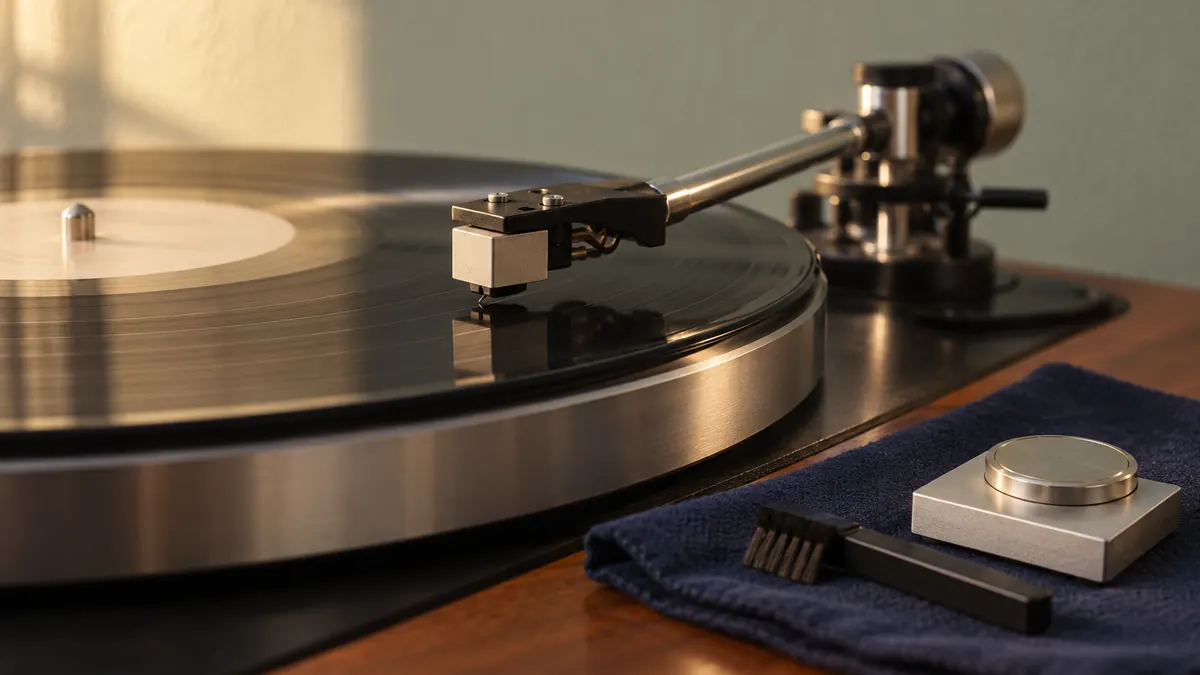 Gros plan sur le bras d'une platine et sa cellule au-dessus d'un disque, une brosse et une balance de force d'appui sur un tissu bleu