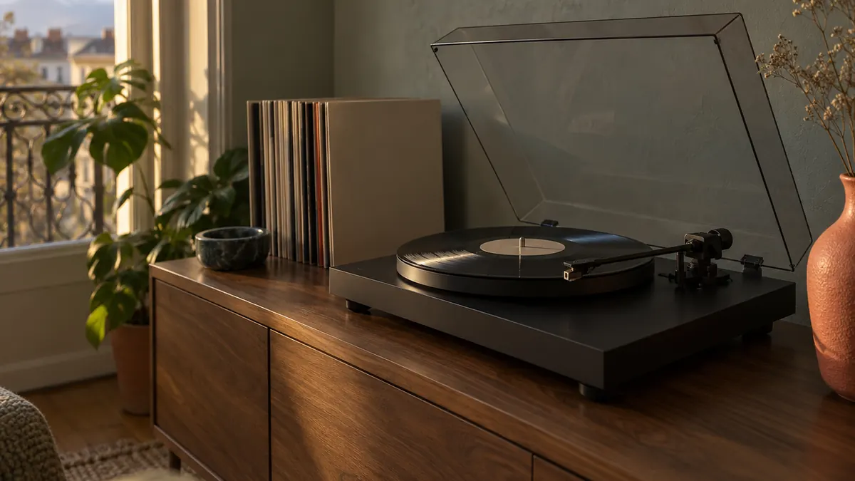 Platine vinyle capot ouvert sur un buffet en bois, une pile de disques rangés derrière, lumière de fin de journée