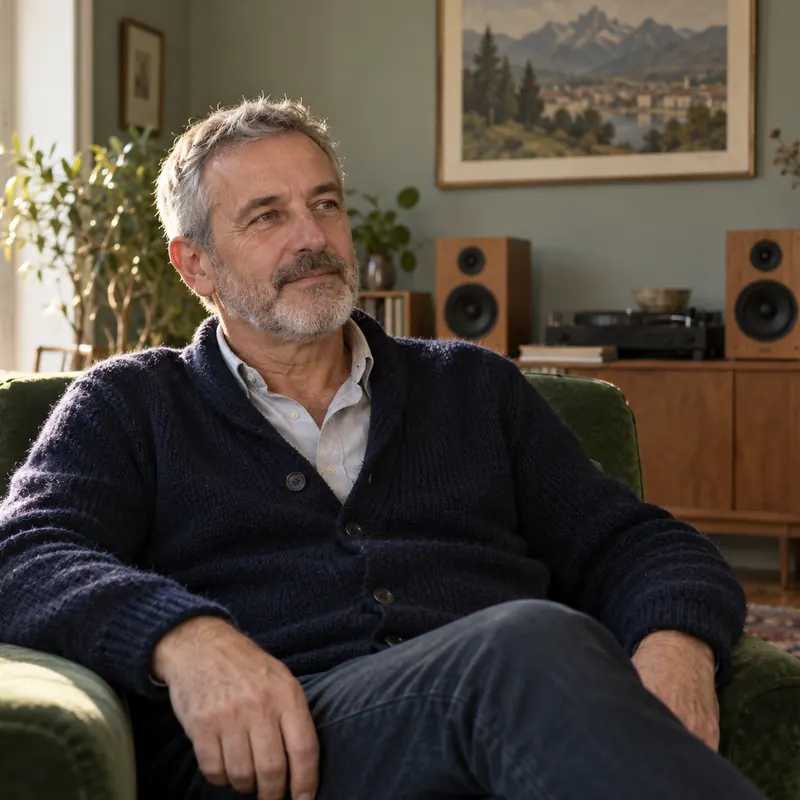Hervé Daguzan assis dans un fauteuil vert, dans son salon à Pau