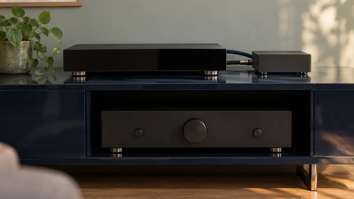 Lecteur réseau à façade noire et petit convertisseur sur un meuble laqué bleu nuit, un ampli intégré rangé dessous