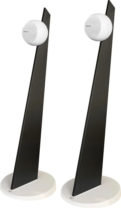 Cabasse iO3 Blanc mat sur pied noir et socle, vue principale